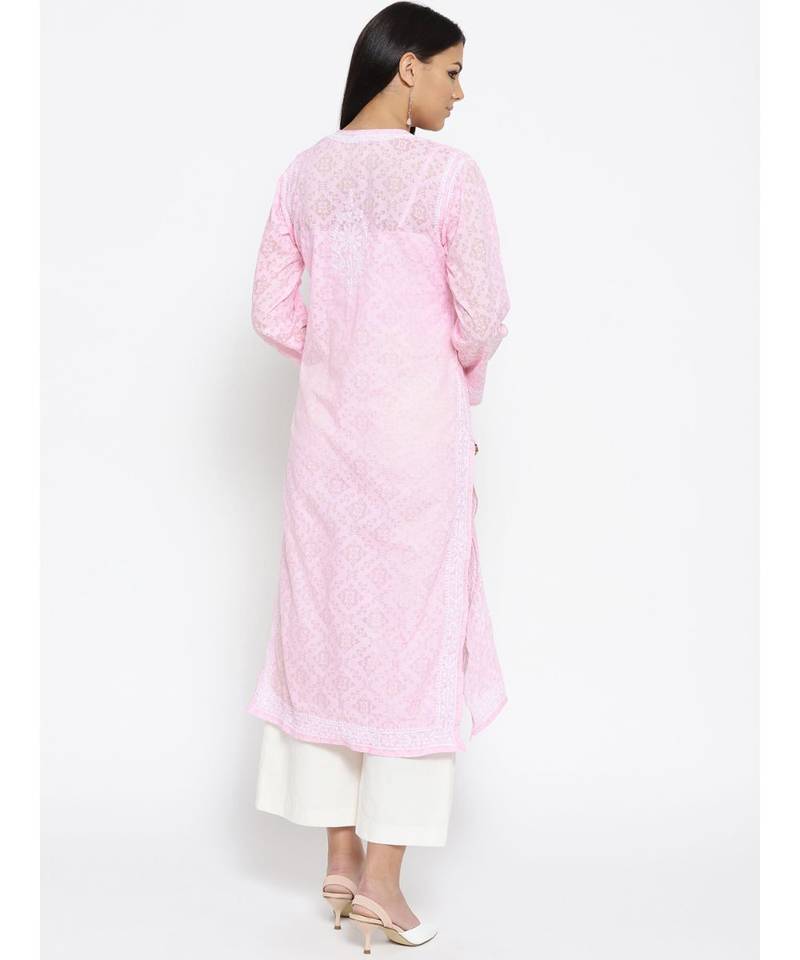 Ada Hand Embroidered Pink Cotton Lucknow Chikankari Women Kurti - A100108