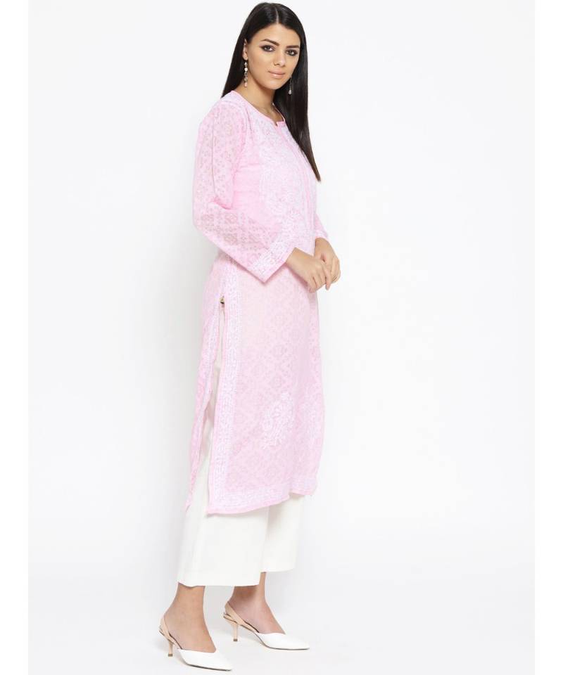 Ada Hand Embroidered Pink Cotton Lucknow Chikankari Women Kurti - A100108