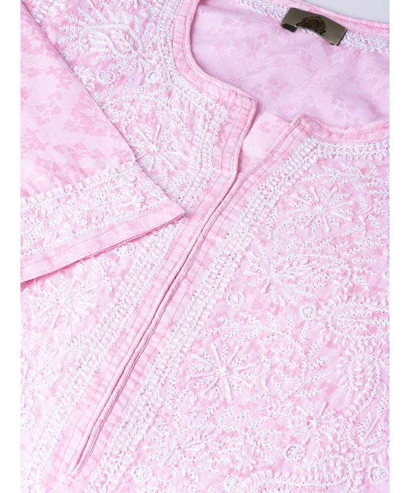 Ada Hand Embroidered Pink Cotton Lucknow Chikankari Women Kurti - A100108