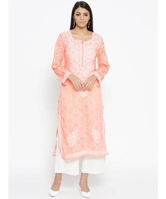 Ada Hand Embroidered Peach Cotton Lucknow Chikankari Women Kurti - A100105 1