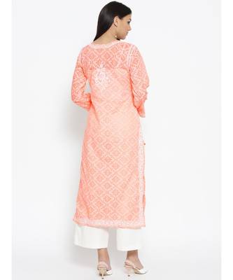 Ada Hand Embroidered Peach Cotton Lucknow Chikankari Women Kurti - A100105 2