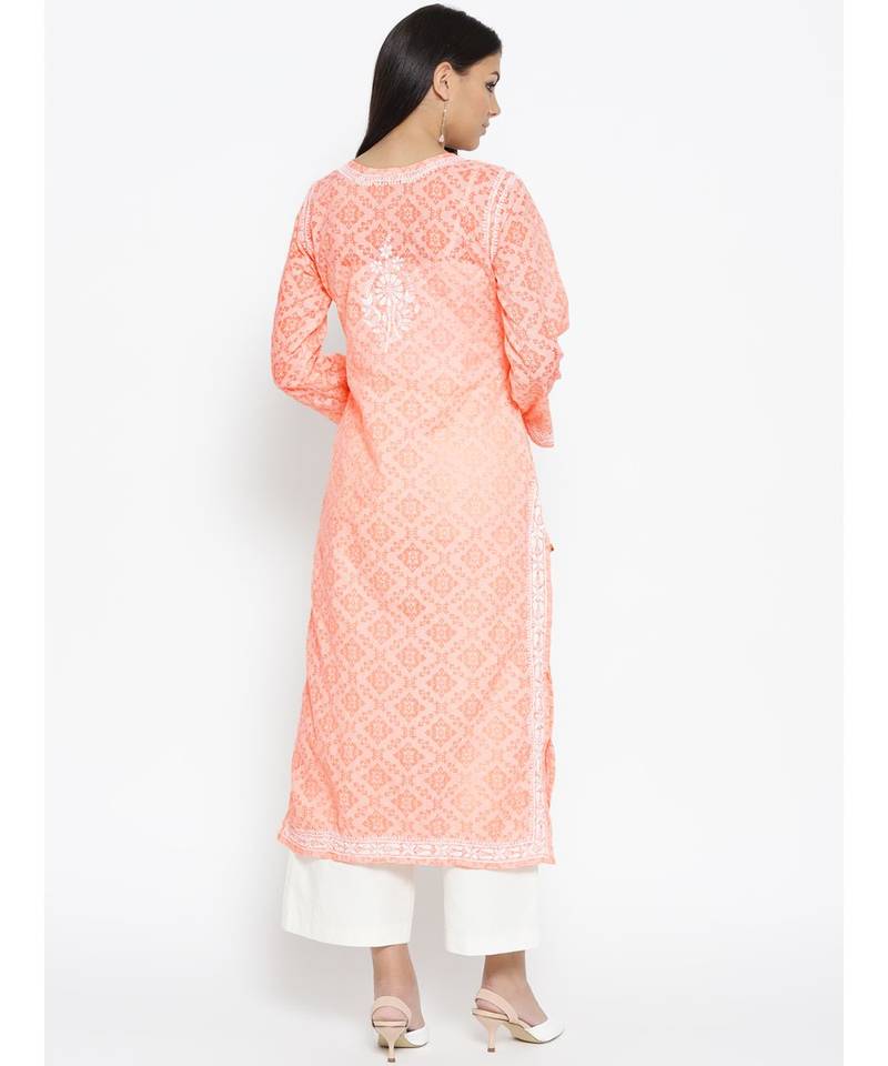 Ada Hand Embroidered Peach Cotton Lucknow Chikankari Women Kurti - A100105
