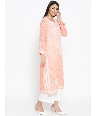 Ada Hand Embroidered Peach Cotton Lucknow Chikankari Women Kurti - A100105 3