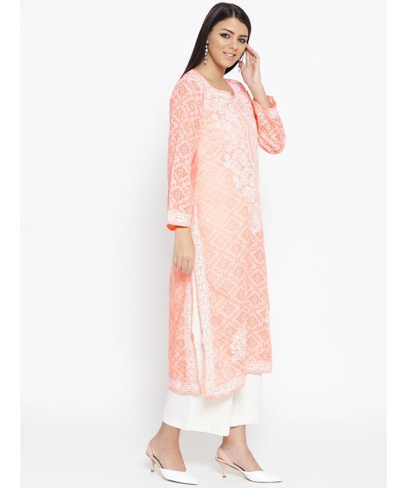 Ada Hand Embroidered Peach Cotton Lucknow Chikankari Women Kurti - A100105
