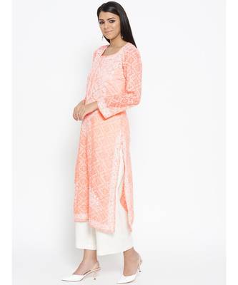 Ada Hand Embroidered Peach Cotton Lucknow Chikankari Women Kurti - A100105 4