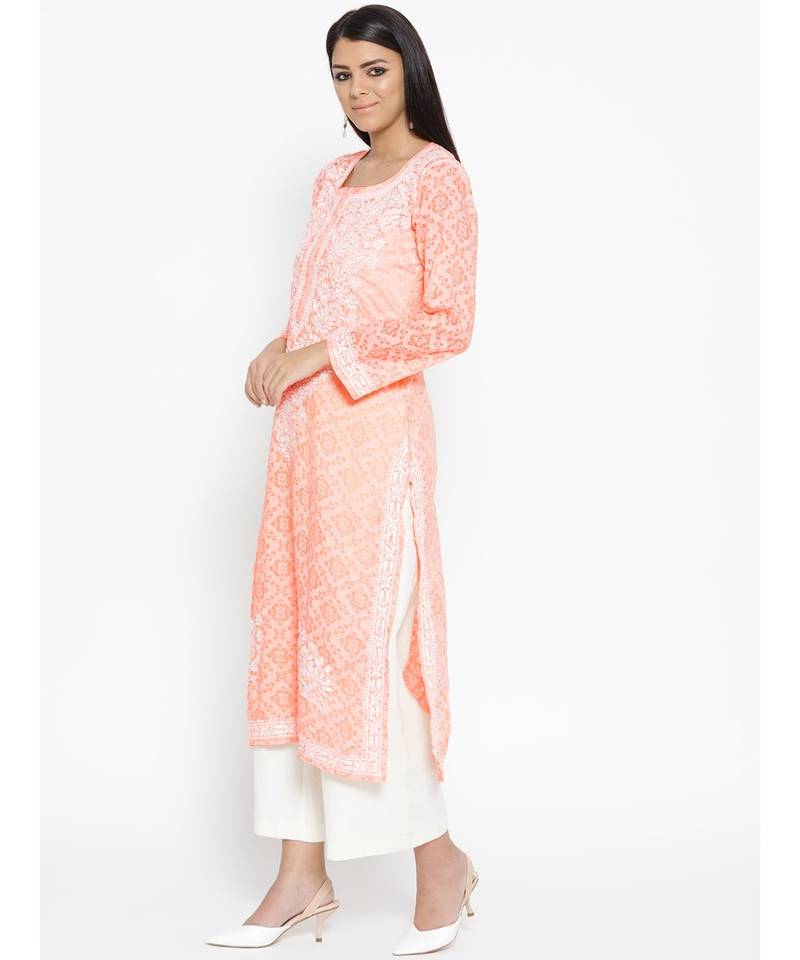 Ada Hand Embroidered Peach Cotton Lucknow Chikankari Women Kurti - A100105