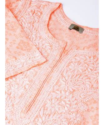 Ada Hand Embroidered Peach Cotton Lucknow Chikankari Women Kurti - A100105 5