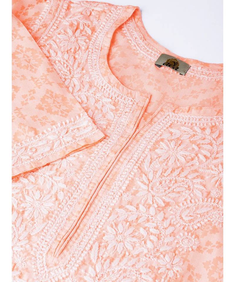 Ada Hand Embroidered Peach Cotton Lucknow Chikankari Women Kurti - A100105