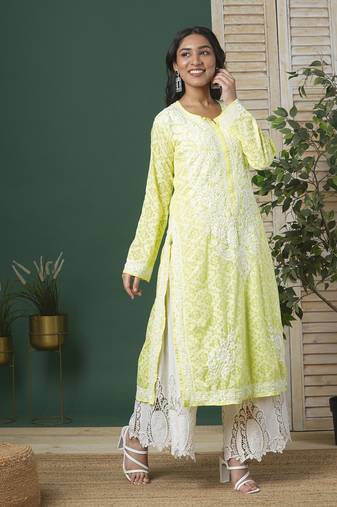 Hand Embroidered Lemon Cotton Lucknow Chikankari Women Kurta