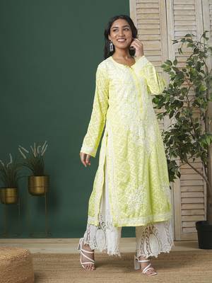 Hand Embroidered Lemon Cotton Lucknow Chikankari Women Kurta 1