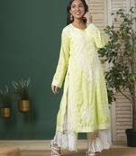 Hand Embroidered Lemon Cotton Lucknow Chikankari Women Kurta
