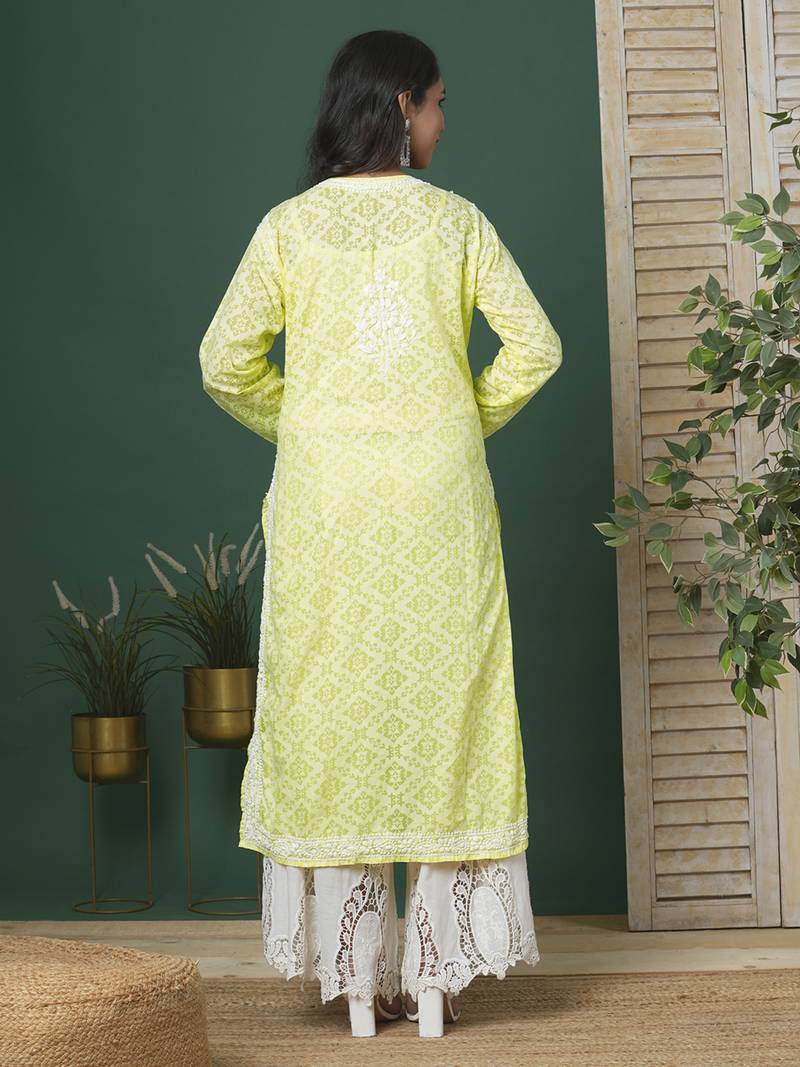 Hand Embroidered Lemon Cotton Lucknow Chikankari Women Kurta