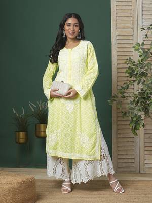 Hand Embroidered Lemon Cotton Lucknow Chikankari Women Kurta 3