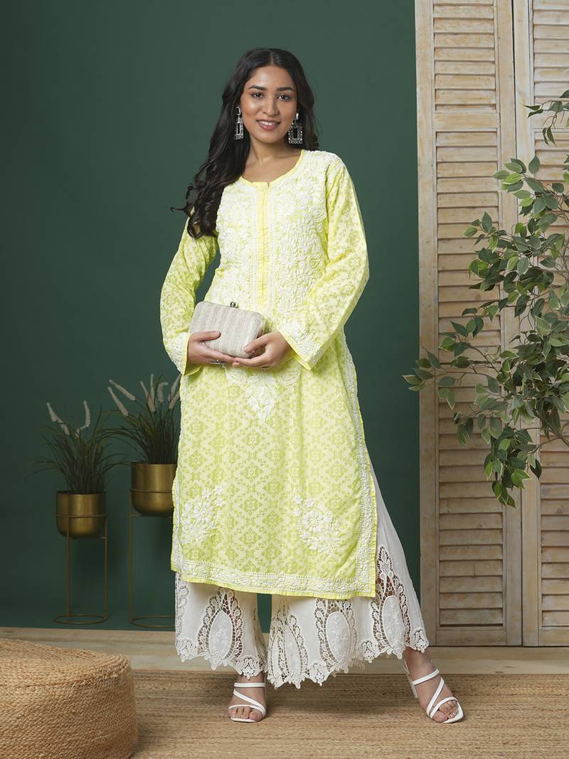 Hand Embroidered Lemon Cotton Lucknow Chikankari Women Kurta