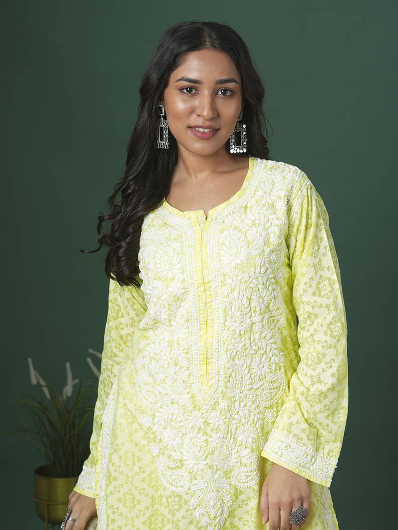 Hand Embroidered Lemon Cotton Lucknow Chikankari Women Kurta