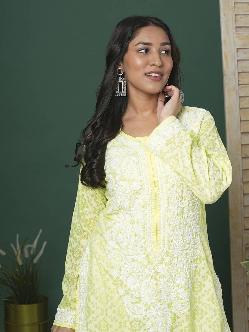 Hand Embroidered Lemon Cotton Lucknow Chikankari Women Kurta