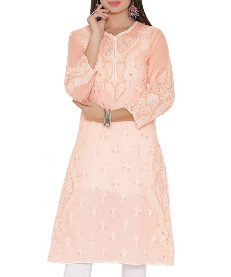 Ada Hand Embroidered Peach Cotton Lucknowi Chikan Women Kurti - A253609