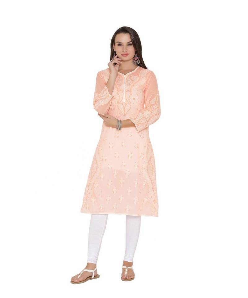 Ada Hand Embroidered Peach Cotton Lucknowi Chikan Women Kurti - A253609