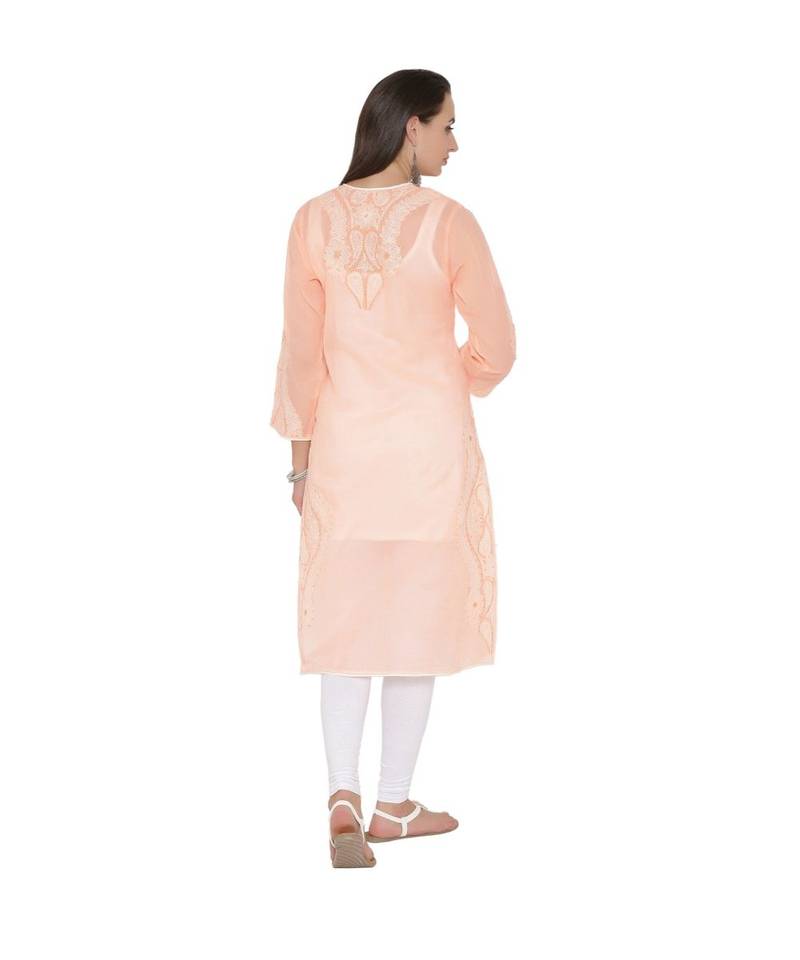 Ada Hand Embroidered Peach Cotton Lucknowi Chikan Women Kurti - A253609