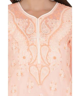 Ada Hand Embroidered Peach Cotton Lucknowi Chikan Women Kurti - A253609 4
