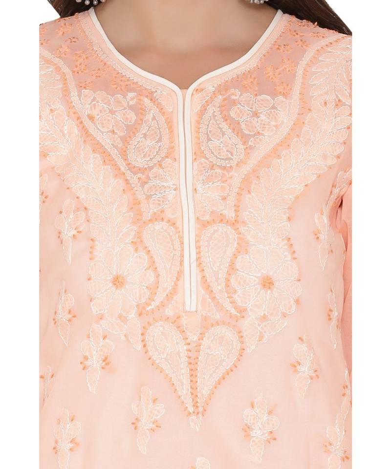 Ada Hand Embroidered Peach Cotton Lucknowi Chikan Women Kurti - A253609