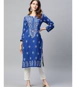 Ada Hand Embroidered Royal Blue Cotton Lucknowi Chikan Women Kurta - A411190