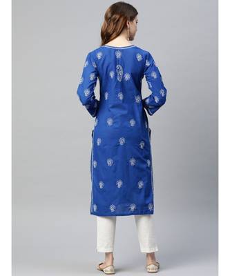 Ada Hand Embroidered Royal Blue Cotton Lucknowi Chikan Women Kurta - A411190 2