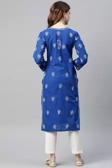 Ada Hand Embroidered Royal Blue Cotton Lucknowi Chikan Women Kurta - A411190