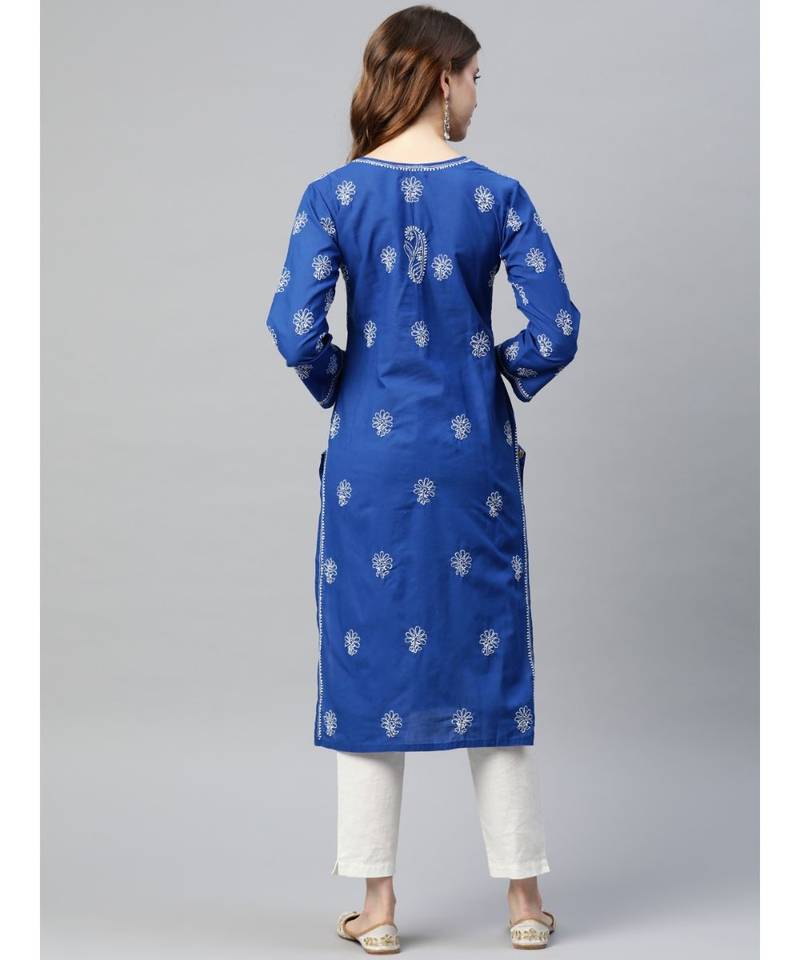 Ada Hand Embroidered Royal Blue Cotton Lucknowi Chikan Women Kurta - A411190