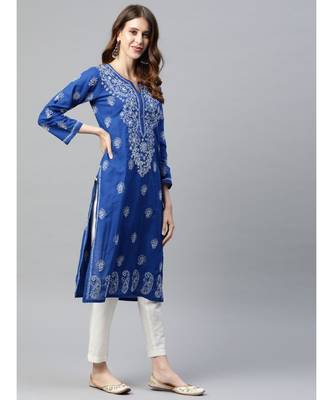 Ada Hand Embroidered Royal Blue Cotton Lucknowi Chikan Women Kurta - A411190 3
