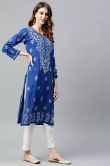 Ada Hand Embroidered Royal Blue Cotton Lucknowi Chikan Women Kurta - A411190