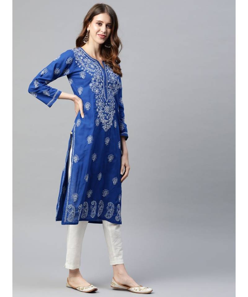 Ada Hand Embroidered Royal Blue Cotton Lucknowi Chikan Women Kurta - A411190