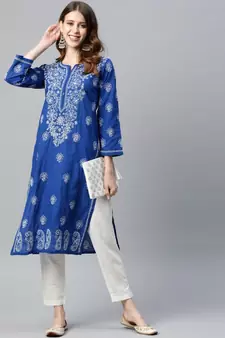 Ada Hand Embroidered Royal Blue Cotton Lucknowi Chikan Women Kurta - A411190