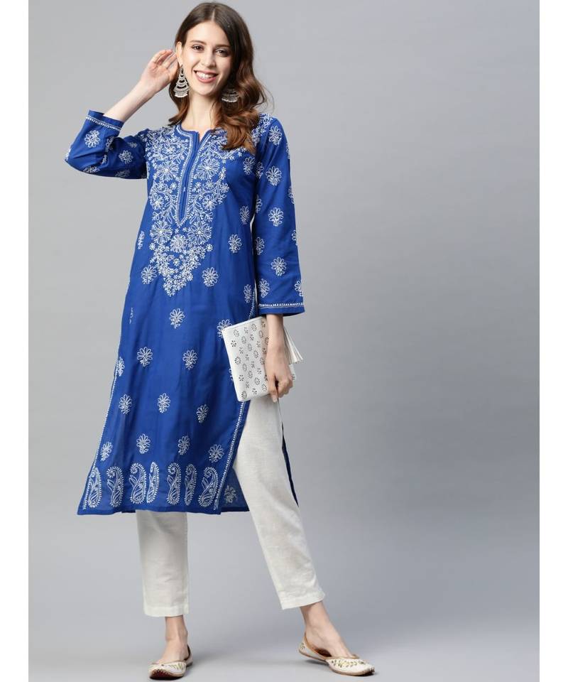 Ada Hand Embroidered Royal Blue Cotton Lucknowi Chikan Women Kurta - A411190