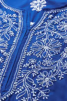 Ada Hand Embroidered Royal Blue Cotton Lucknowi Chikan Women Kurta - A411190