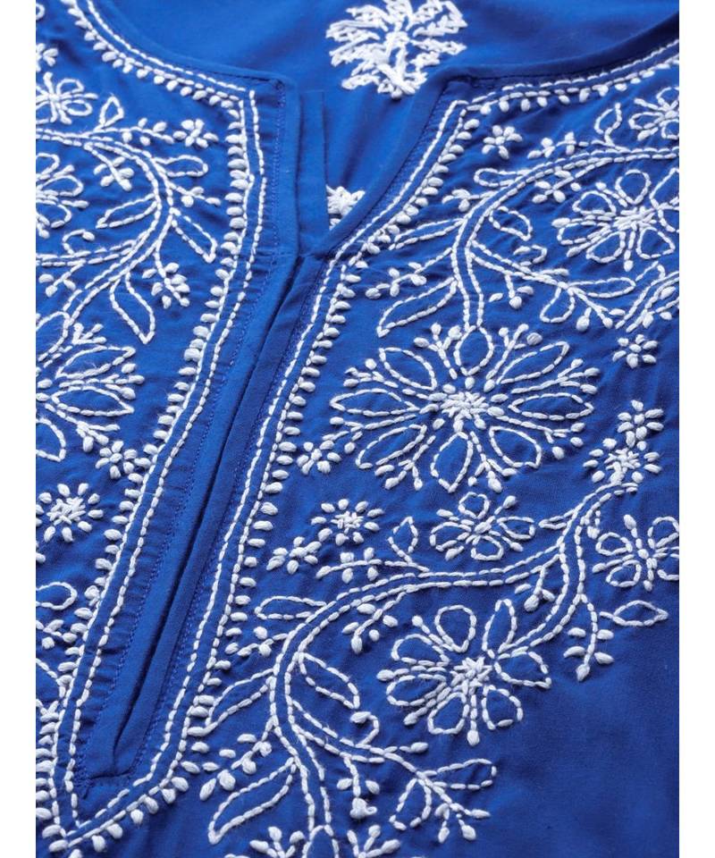 Ada Hand Embroidered Royal Blue Cotton Lucknowi Chikan Women Kurta - A411190