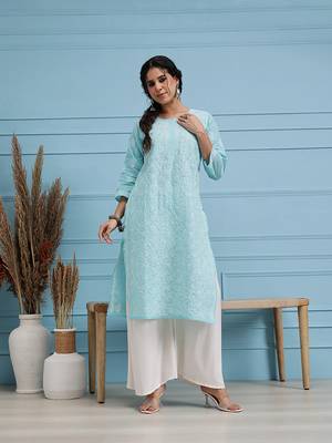 Hand Embroidered Blue Cotton Lucknow Chikankari Women Kurta 1