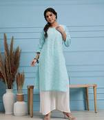 Hand Embroidered Blue Cotton Lucknow Chikankari Women Kurta