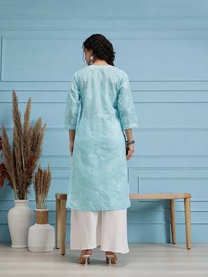 Hand Embroidered Blue Cotton Lucknow Chikankari Women Kurta 2