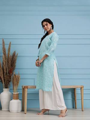 Hand Embroidered Blue Cotton Lucknow Chikankari Women Kurta 3