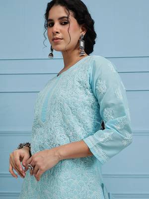 Hand Embroidered Blue Cotton Lucknow Chikankari Women Kurta 5