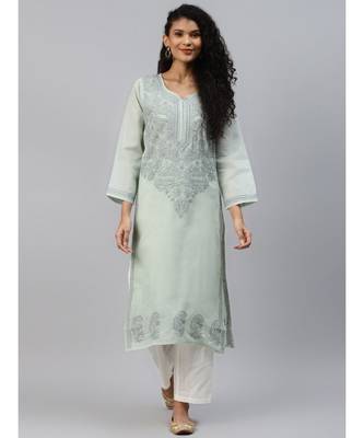 Ada Hand Embroidered Grey Cotton Lucknowi Chikan Women Kurta - A224078 1