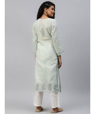Ada Hand Embroidered Grey Cotton Lucknowi Chikan Women Kurta - A224078 2