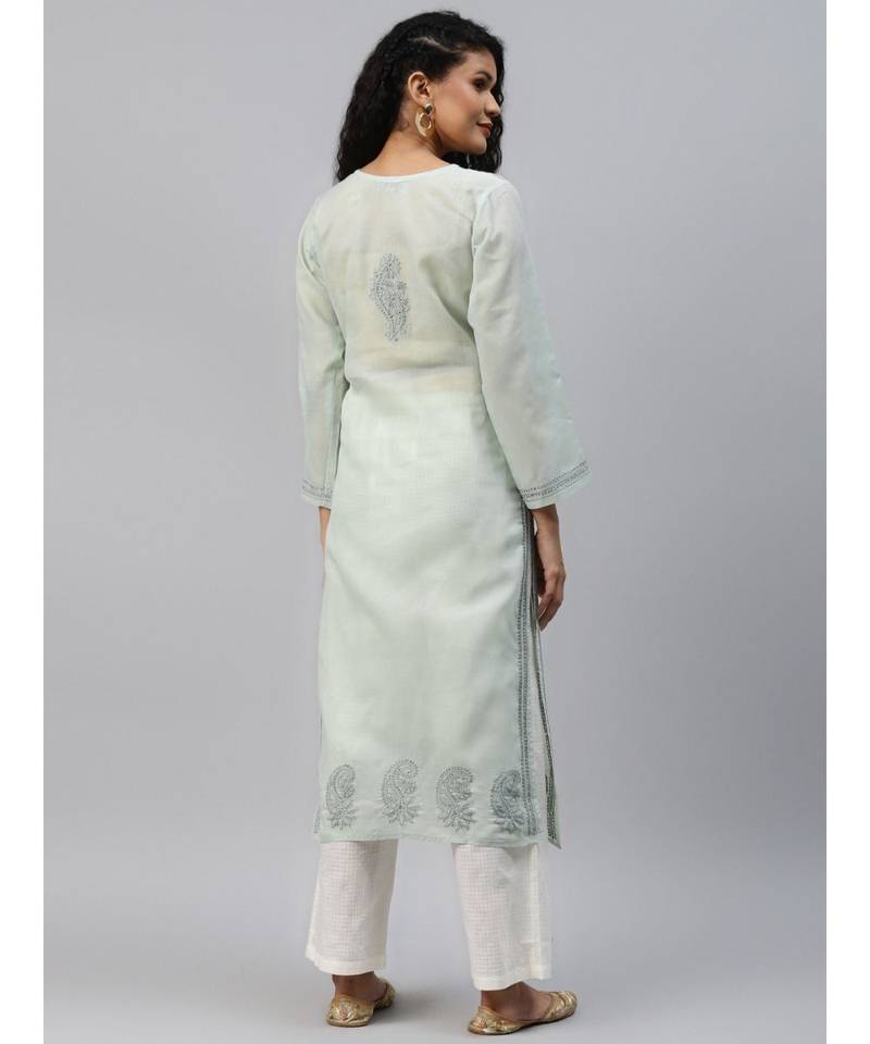 Ada Hand Embroidered Grey Cotton Lucknowi Chikan Women Kurta - A224078
