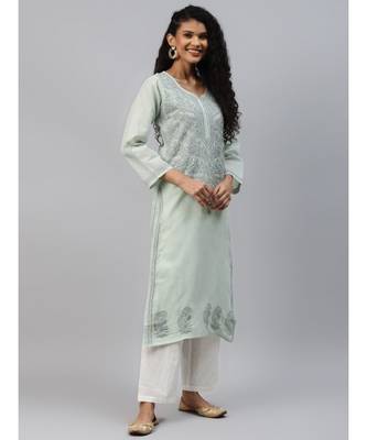 Ada Hand Embroidered Grey Cotton Lucknowi Chikan Women Kurta - A224078 3