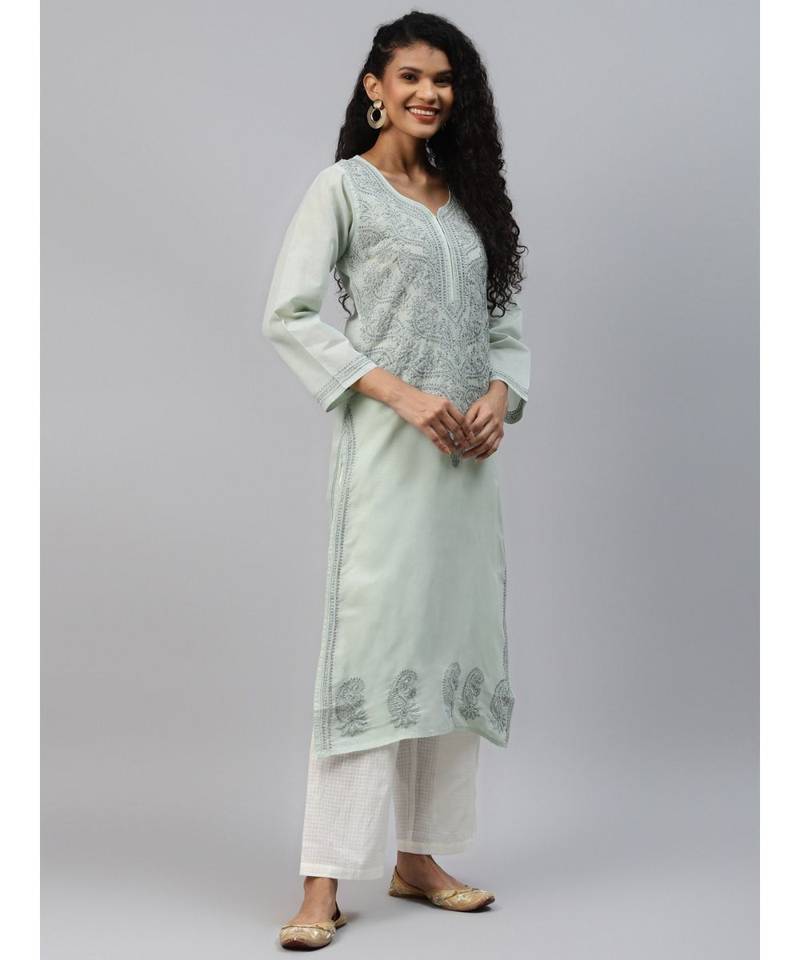 Ada Hand Embroidered Grey Cotton Lucknowi Chikan Women Kurta - A224078