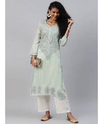 Ada Hand Embroidered Grey Cotton Lucknowi Chikan Women Kurta - A224078 4