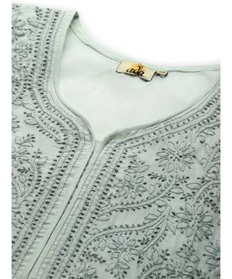 Ada Hand Embroidered Grey Cotton Lucknowi Chikan Women Kurta - A224078 5