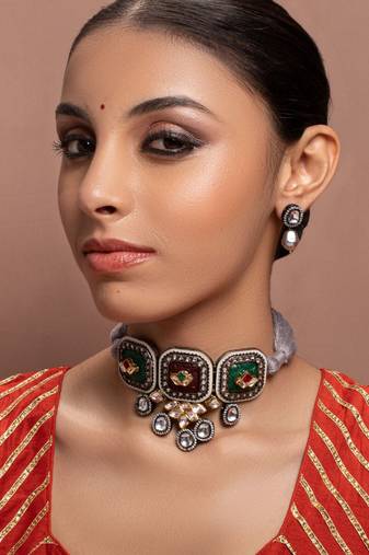 Green kundan Yellow Gold Brass   Necklace &  Pair of Earring