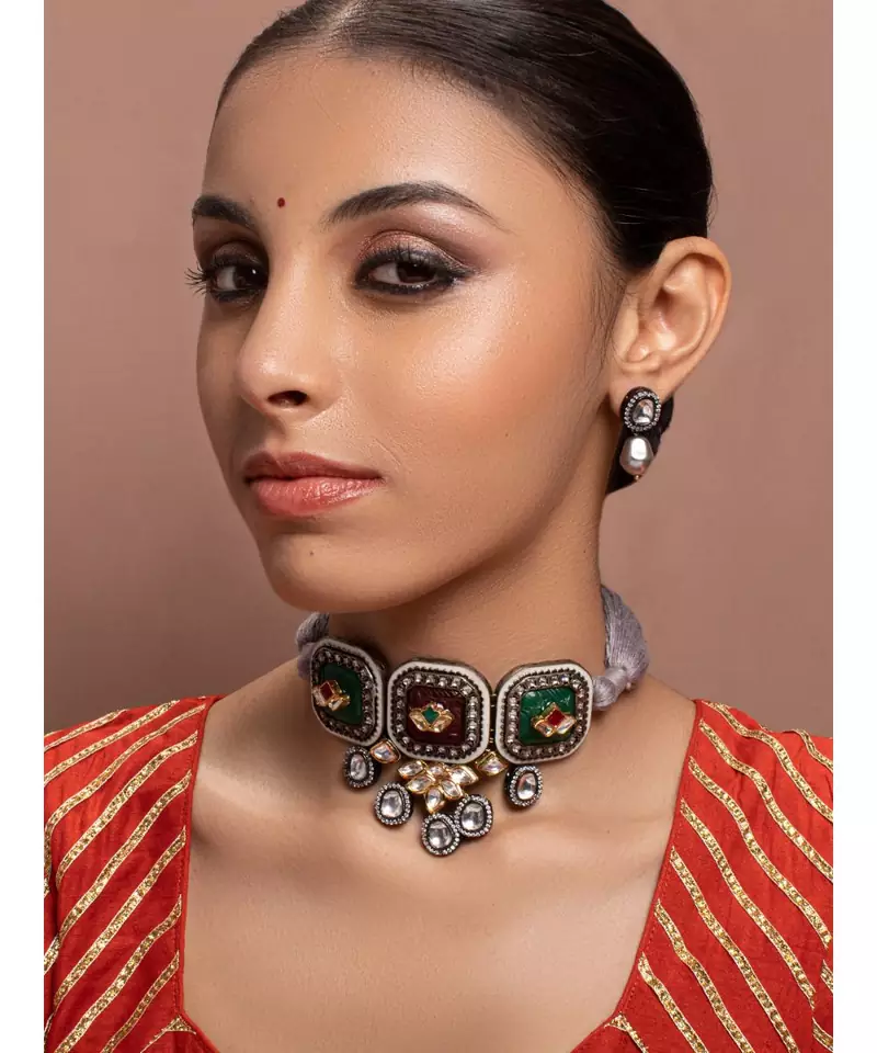 Green kundan Yellow Gold Brass   Necklace &  Pair of Earring